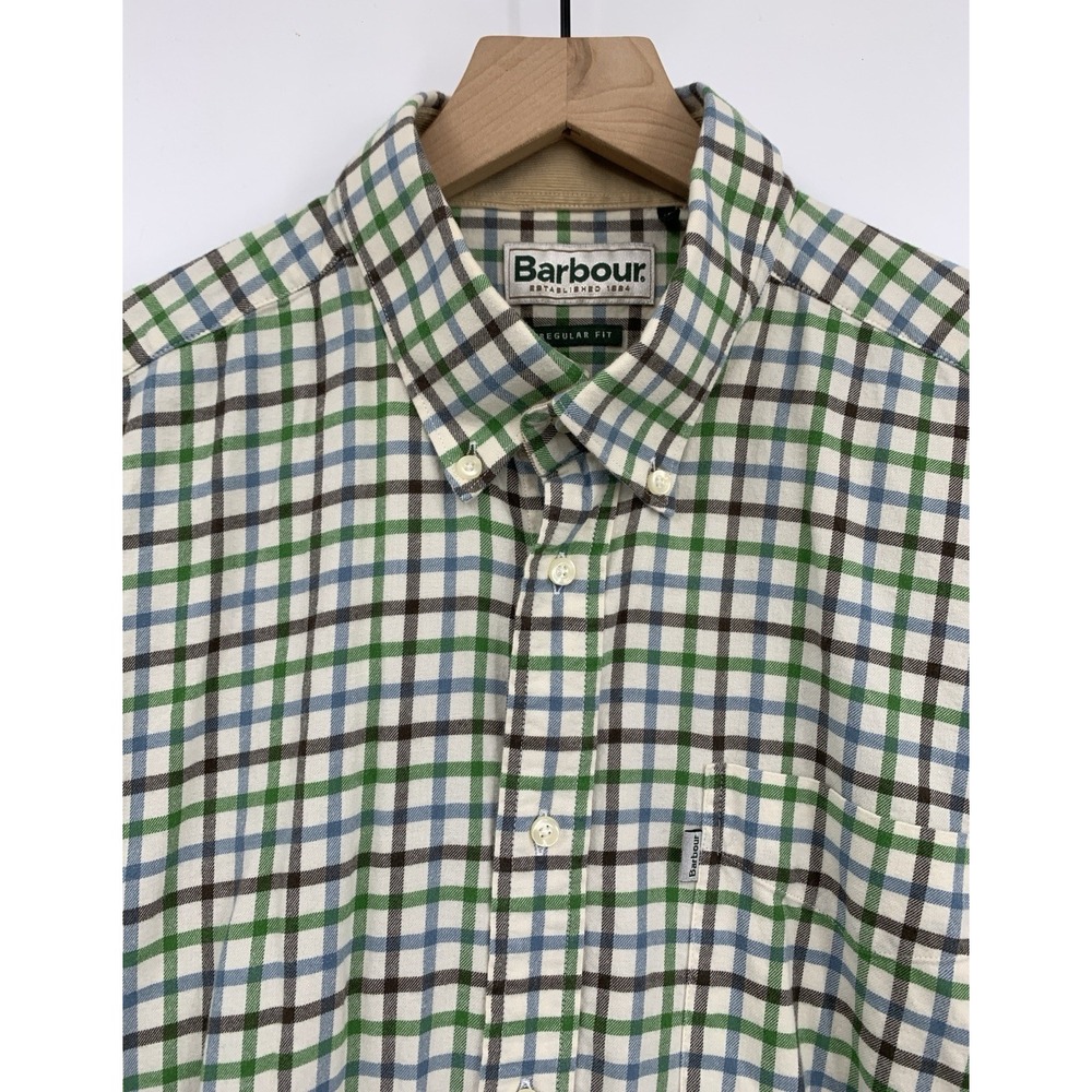 Barbour Flannel Shirt Men Large Green Brown Plaid Long Sleeve Button 100% Cotton